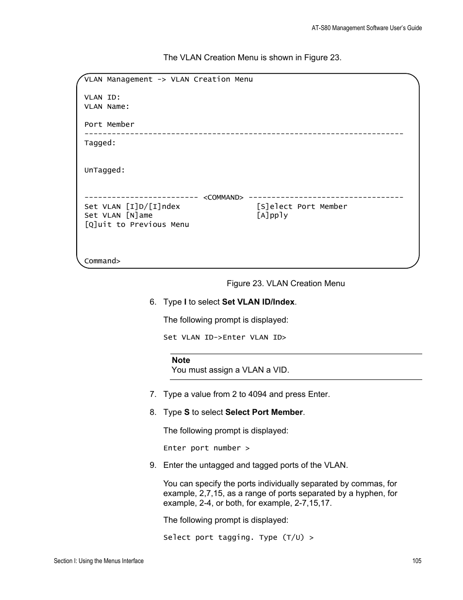 Figure 23. vlan creation menu | Allied Telesis AT-S80 User Manual | Page 105 / 346