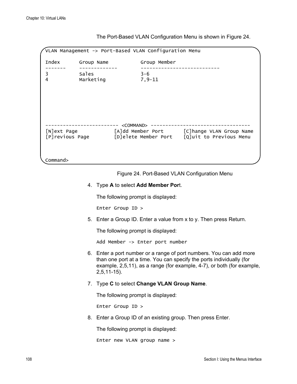 Figure 24. port-based vlan configuration menu | Allied Telesis AT-S80 User Manual | Page 108 / 346