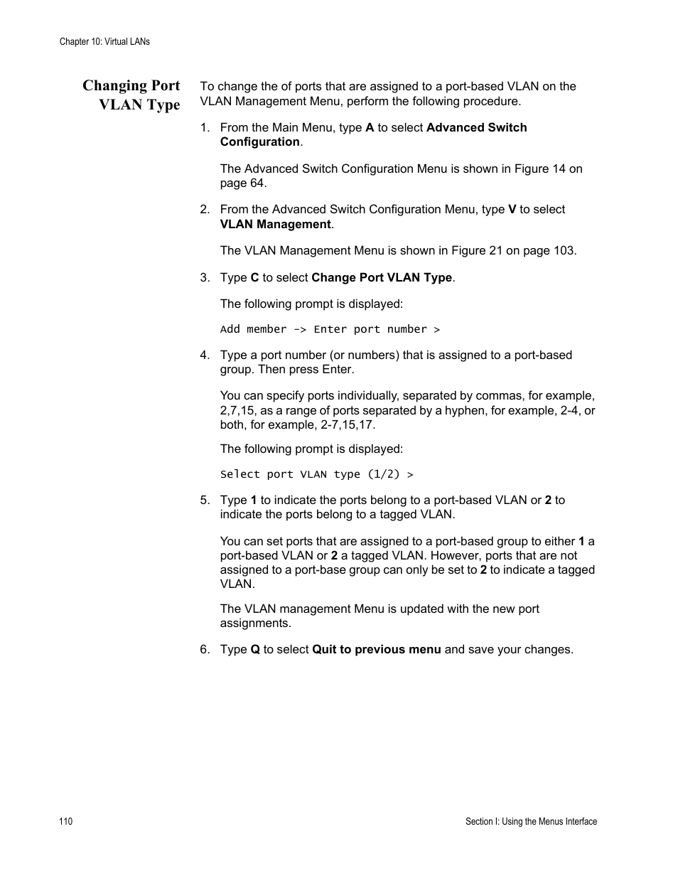 Changing port vlan type | Allied Telesis AT-S80 User Manual | Page 110 / 346
