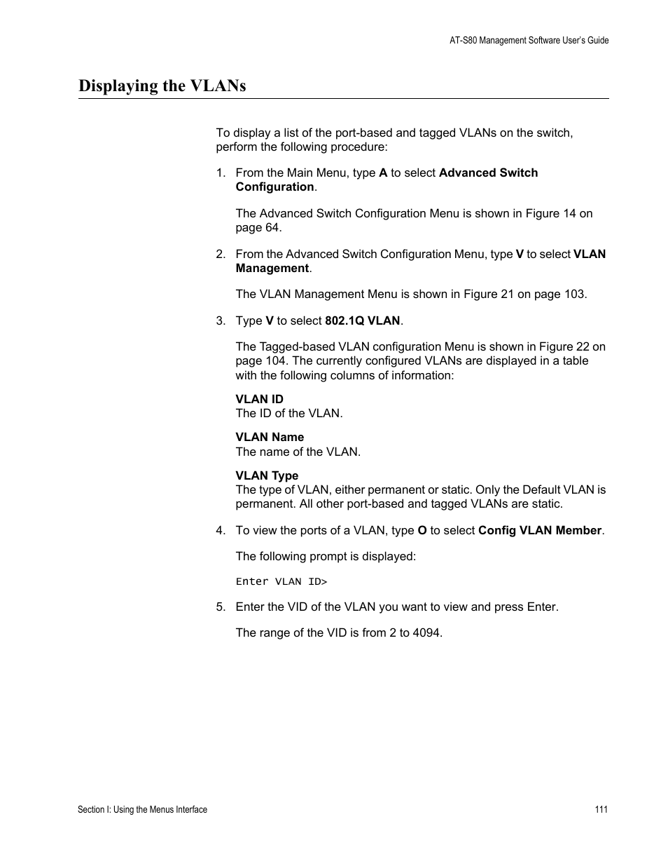 Displaying the vlans | Allied Telesis AT-S80 User Manual | Page 111 / 346