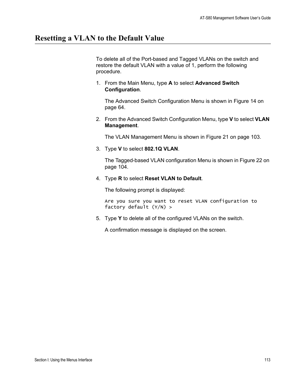Resetting a vlan to the default value | Allied Telesis AT-S80 User Manual | Page 113 / 346