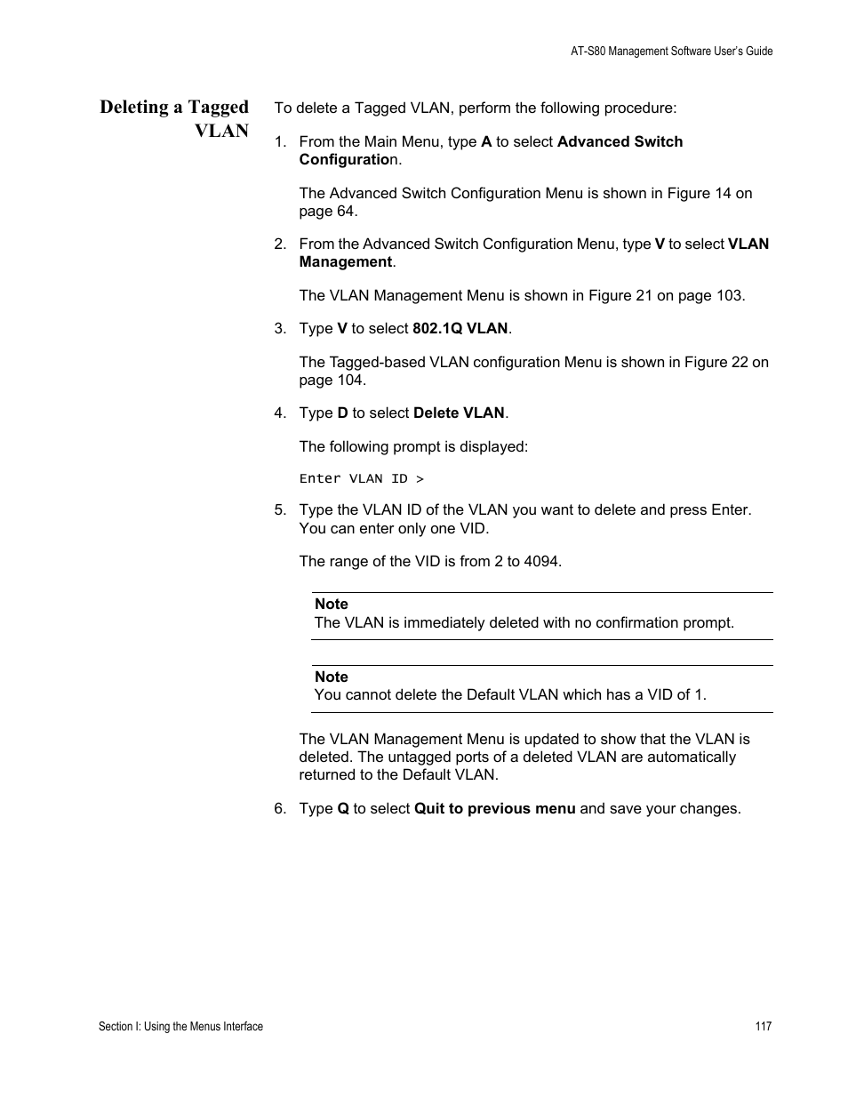 Deleting a tagged vlan | Allied Telesis AT-S80 User Manual | Page 117 / 346