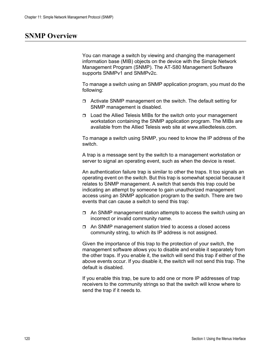 Snmp overview | Allied Telesis AT-S80 User Manual | Page 120 / 346