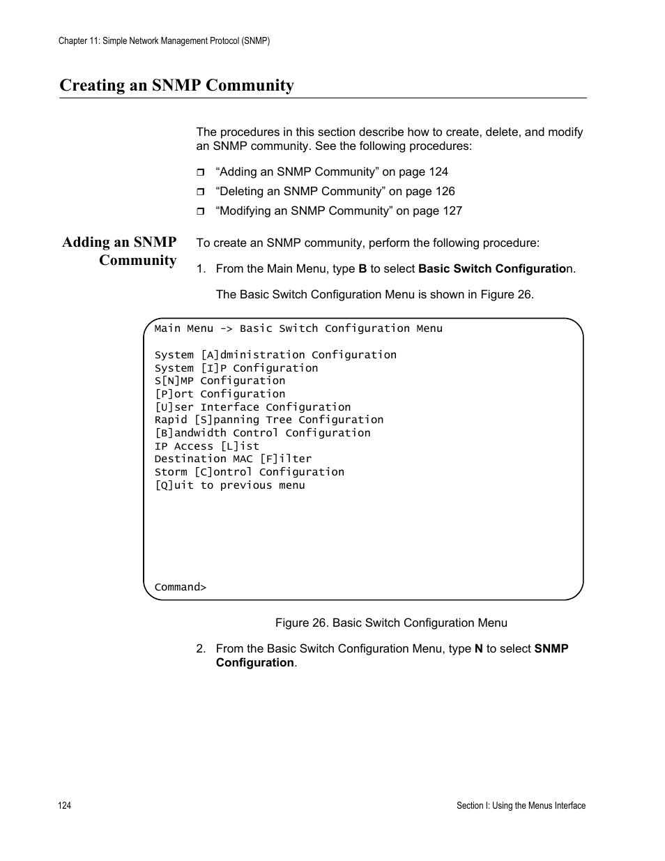 Creating an snmp community, Adding an snmp community, Figure 26. basic switch configuration menu | Allied Telesis AT-S80 User Manual | Page 124 / 346