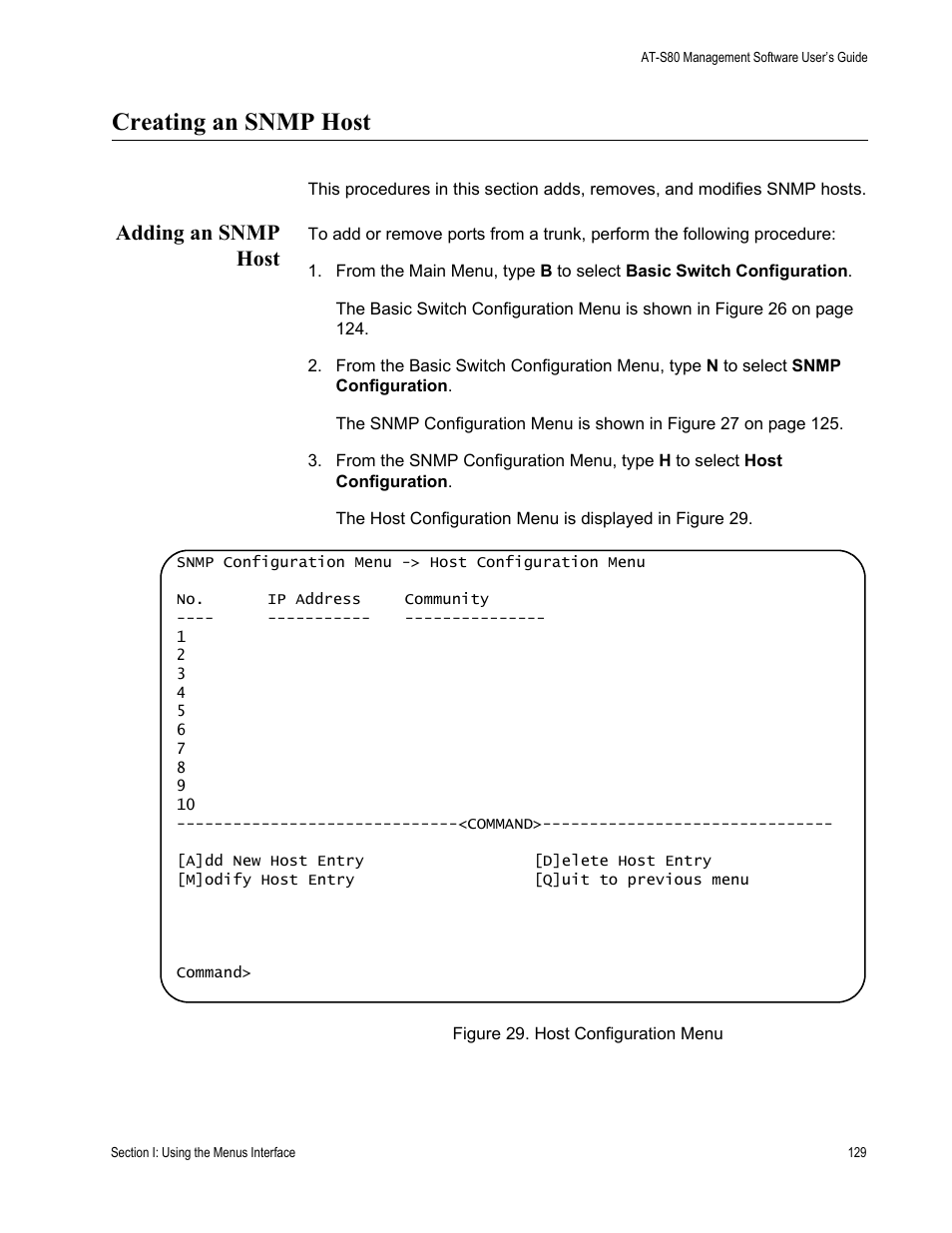 Creating an snmp host, Adding an snmp host, Figure 29. host configuration menu | Allied Telesis AT-S80 User Manual | Page 129 / 346