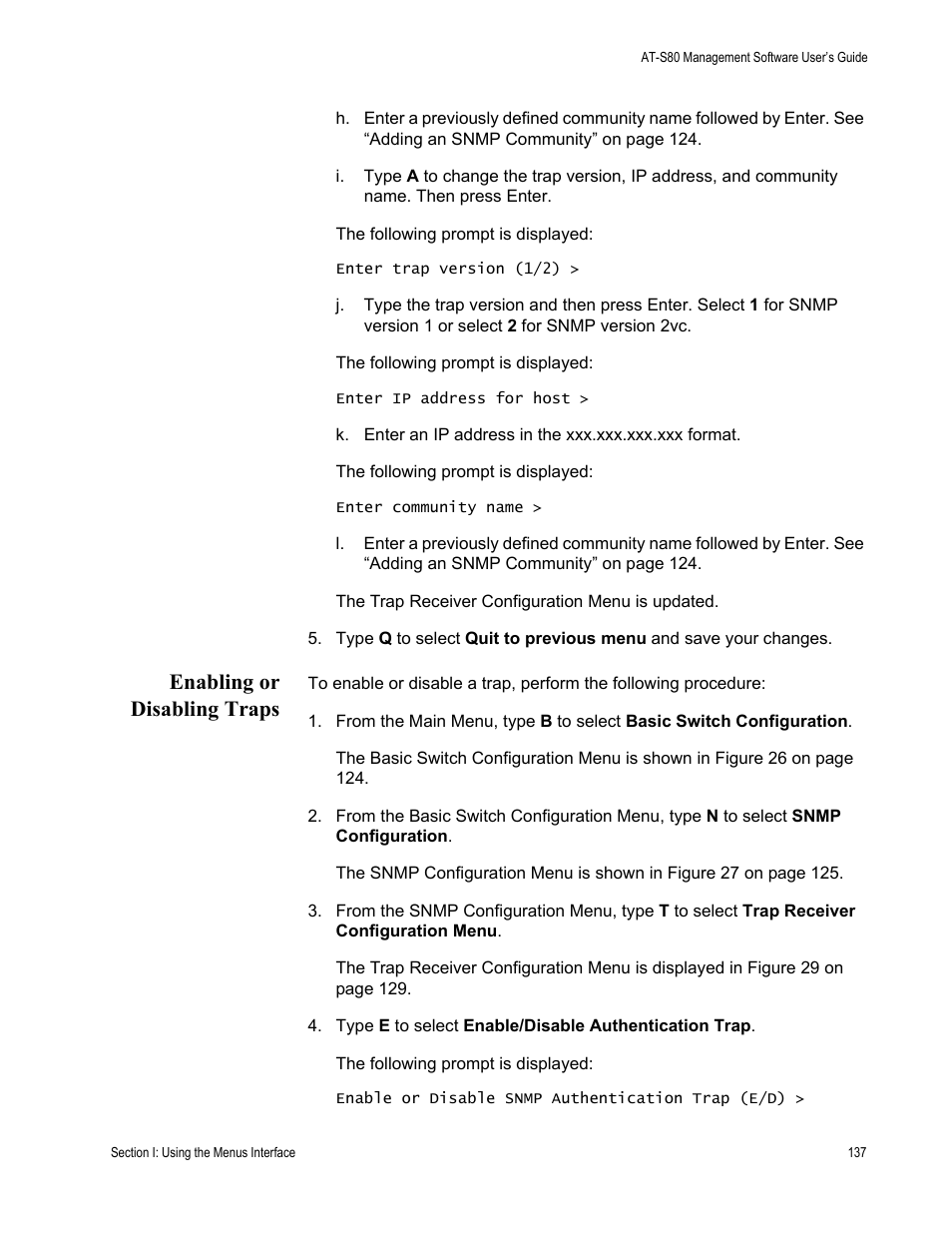 Enabling or disabling traps | Allied Telesis AT-S80 User Manual | Page 137 / 346