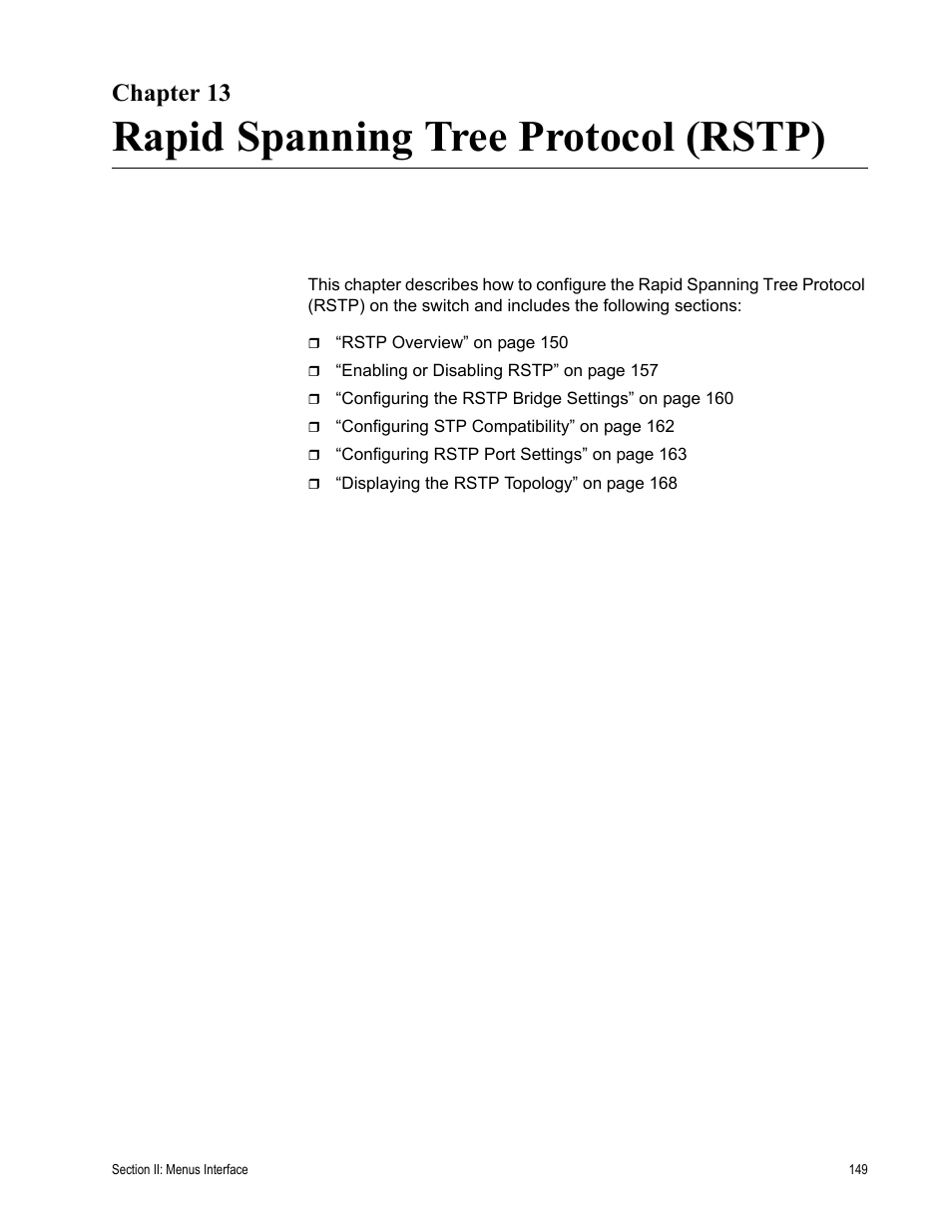 Chapter 13, Rapid spanning tree protocol (rstp) | Allied Telesis AT-S80 User Manual | Page 149 / 346