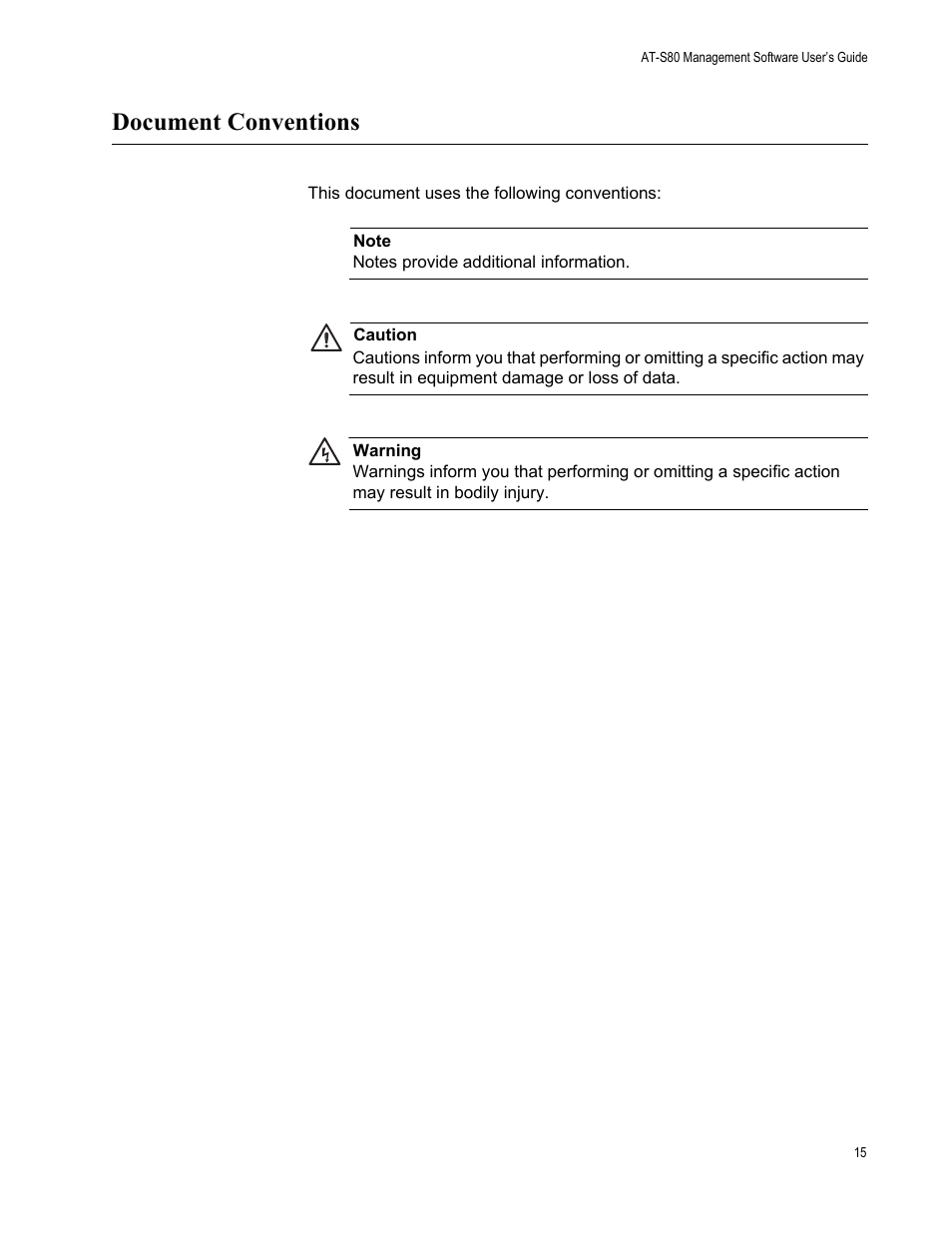 Document conventions | Allied Telesis AT-S80 User Manual | Page 15 / 346