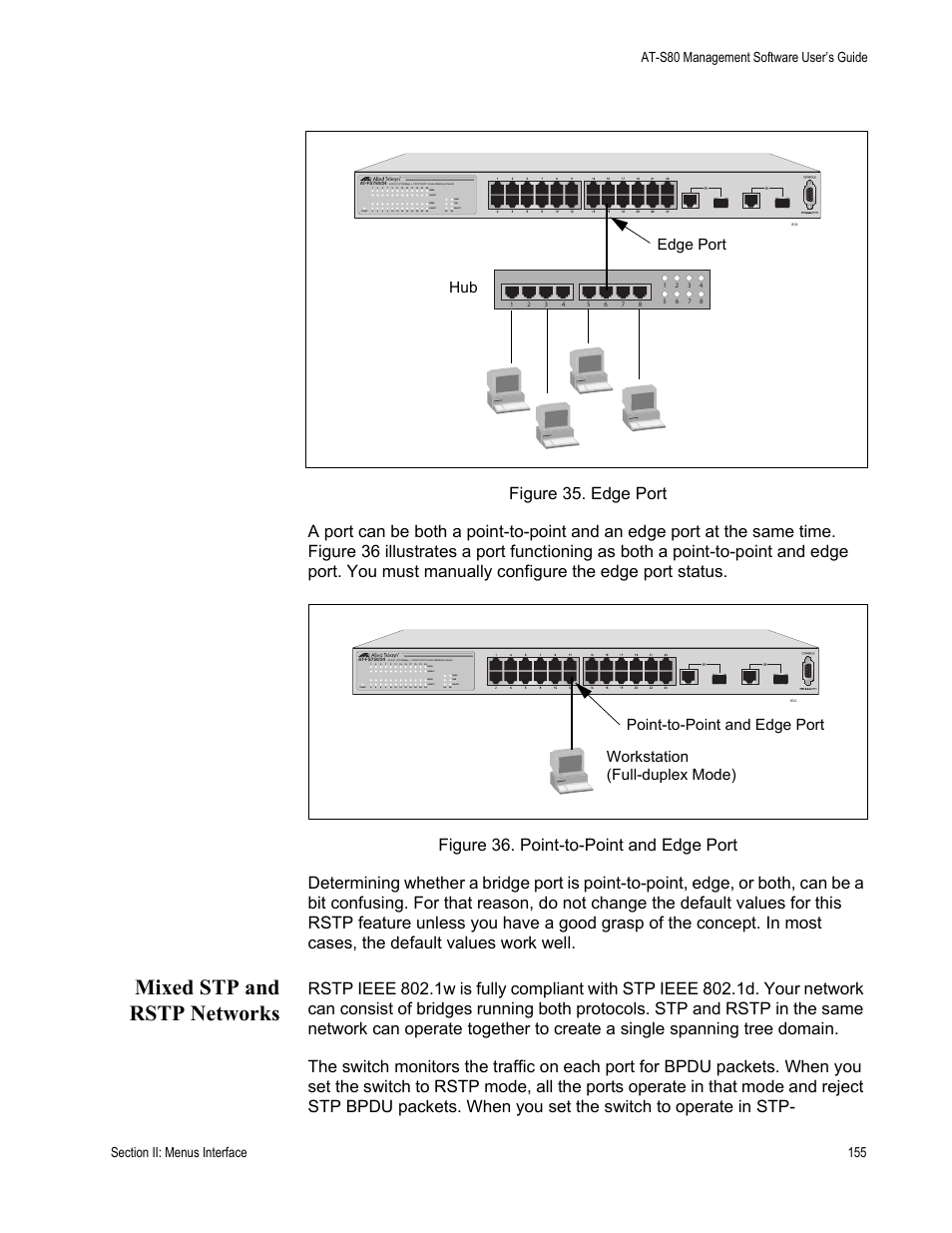 Mixed stp and rstp networks, Edge port, Power | Link/act, Link/act speed link/act speed | Allied Telesis AT-S80 User Manual | Page 155 / 346