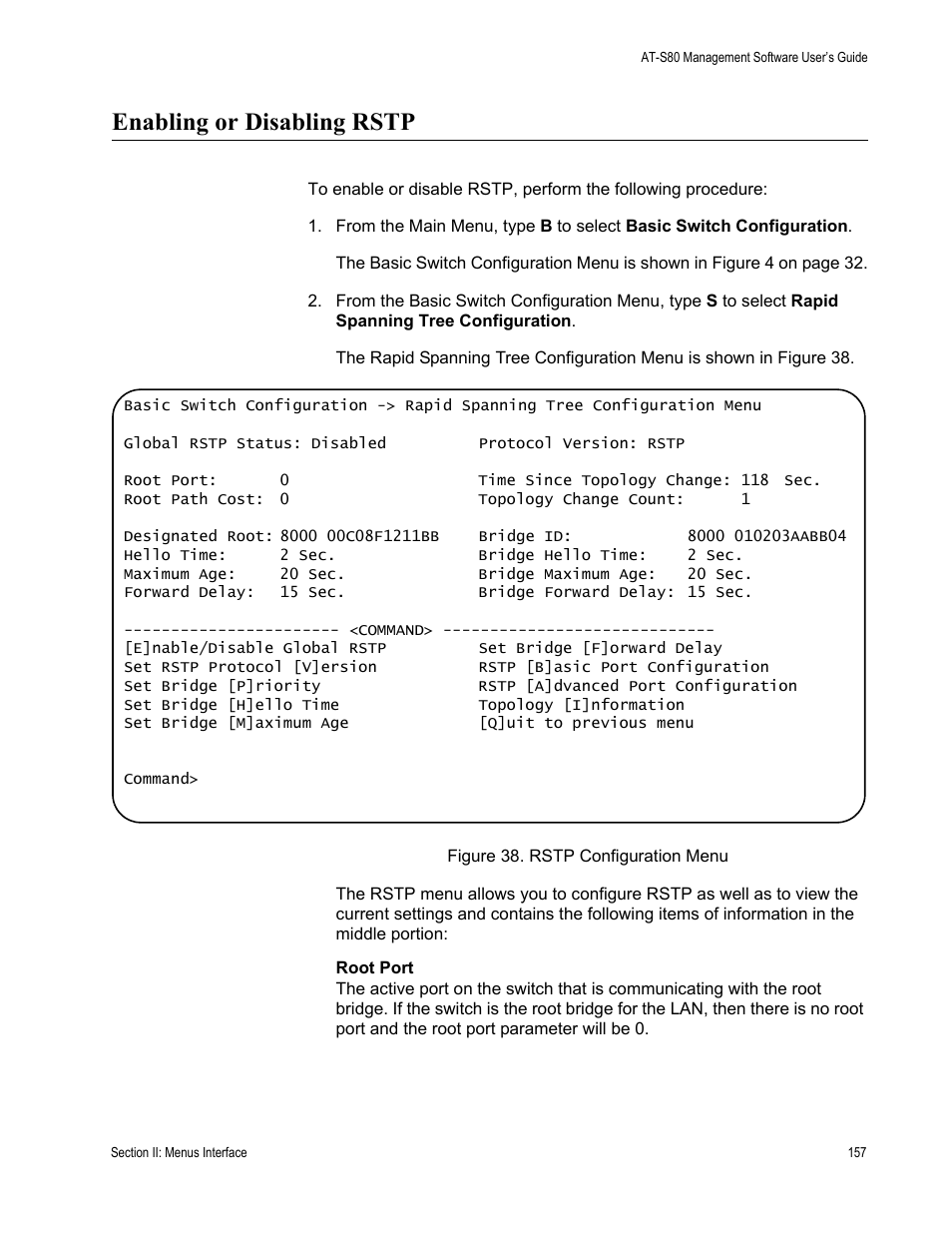 Enabling or disabling rstp, Figure 38. rstp configuration menu | Allied Telesis AT-S80 User Manual | Page 157 / 346