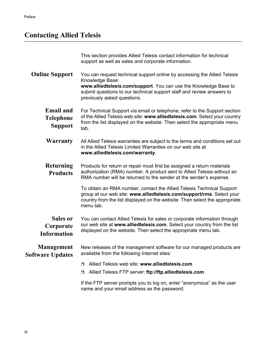 Contacting allied telesis, Online support, Email and telephone support | Warranty, Returning products, Sales or corporate information, Management software updates | Allied Telesis AT-S80 User Manual | Page 16 / 346