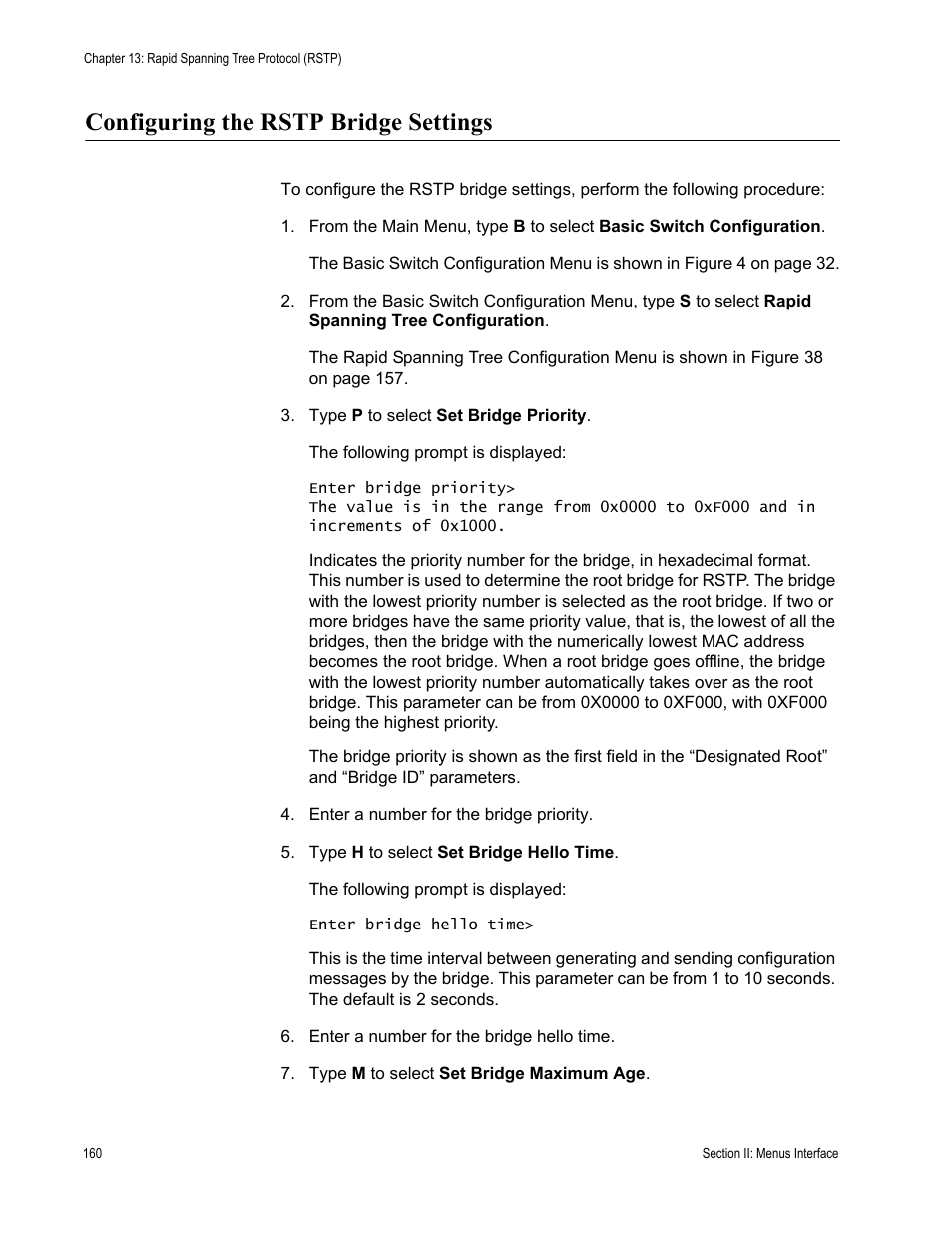 Configuring the rstp bridge settings | Allied Telesis AT-S80 User Manual | Page 160 / 346