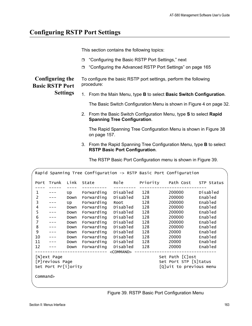 Configuring rstp port settings, Configuring the basic rstp port settings, Figure 39. rstp basic port configuration menu | Allied Telesis AT-S80 User Manual | Page 163 / 346