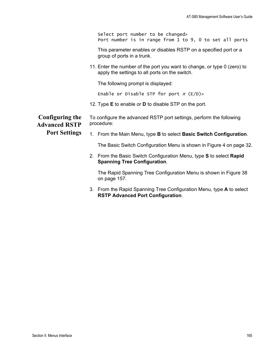 Configuring the advanced rstp port settings | Allied Telesis AT-S80 User Manual | Page 165 / 346