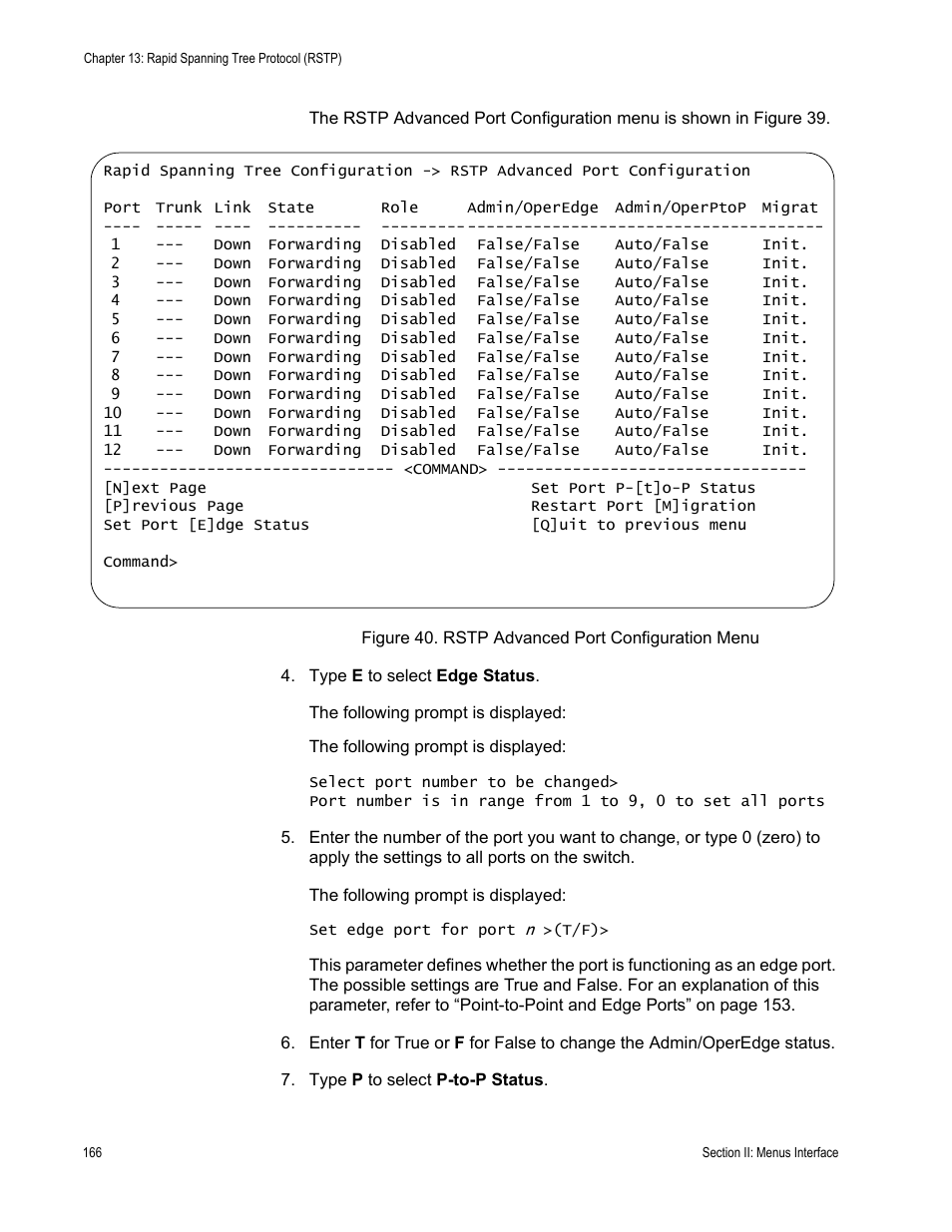 Figure 40. rstp advanced port configuration menu | Allied Telesis AT-S80 User Manual | Page 166 / 346