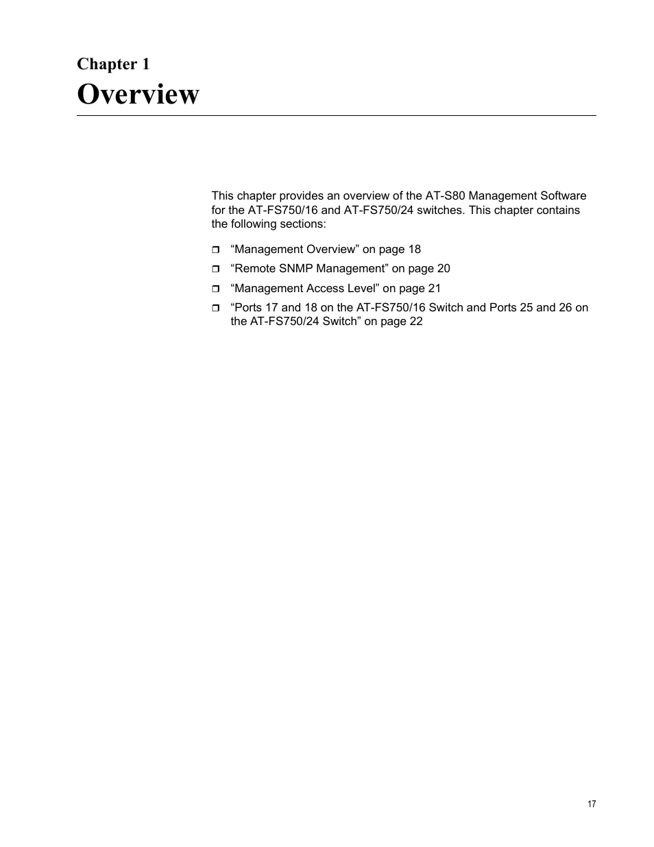 Chapter 1, Overview, R 1: overview | Allied Telesis AT-S80 User Manual | Page 17 / 346