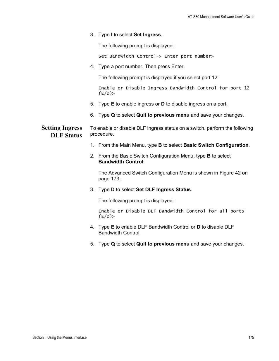Setting ingress dlf status | Allied Telesis AT-S80 User Manual | Page 175 / 346