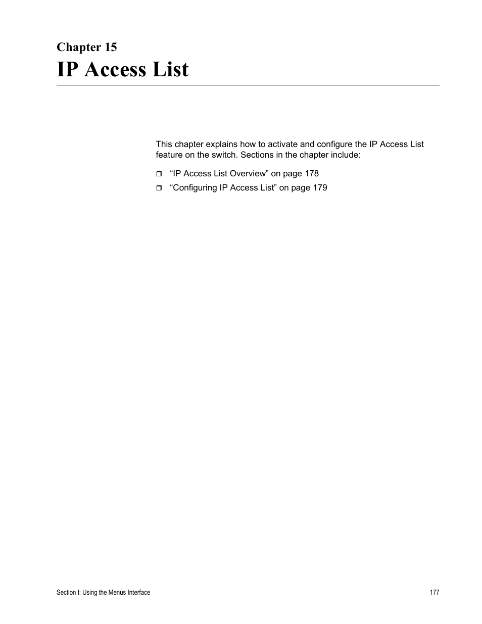 Chapter 15, Ip access list | Allied Telesis AT-S80 User Manual | Page 177 / 346