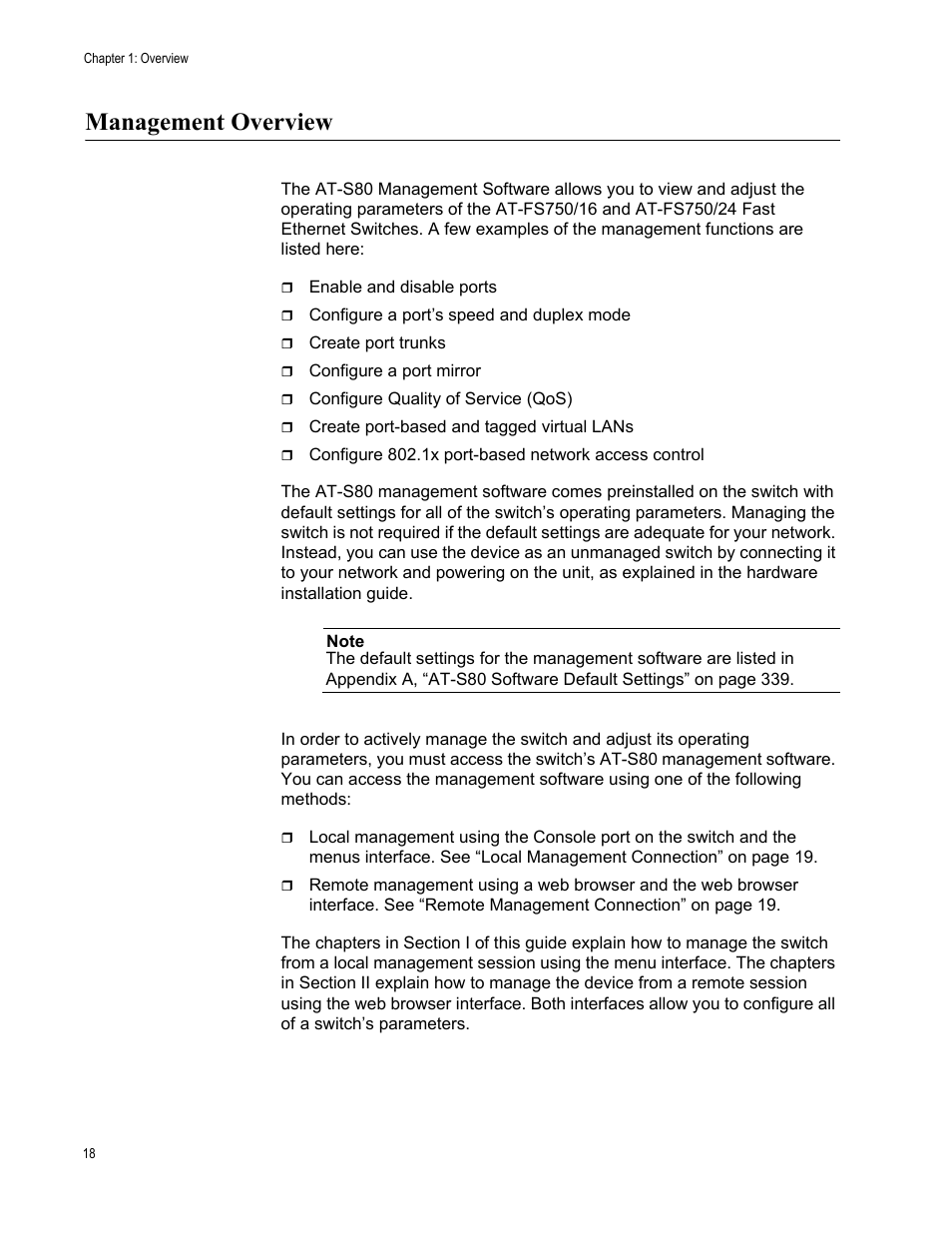 Management overview | Allied Telesis AT-S80 User Manual | Page 18 / 346