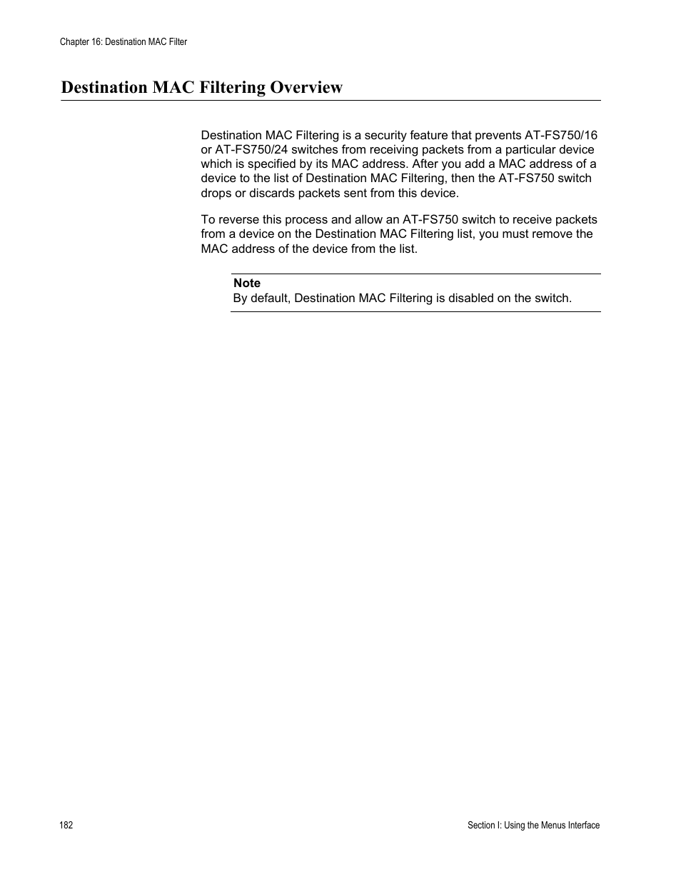 Destination mac filtering overview | Allied Telesis AT-S80 User Manual | Page 182 / 346
