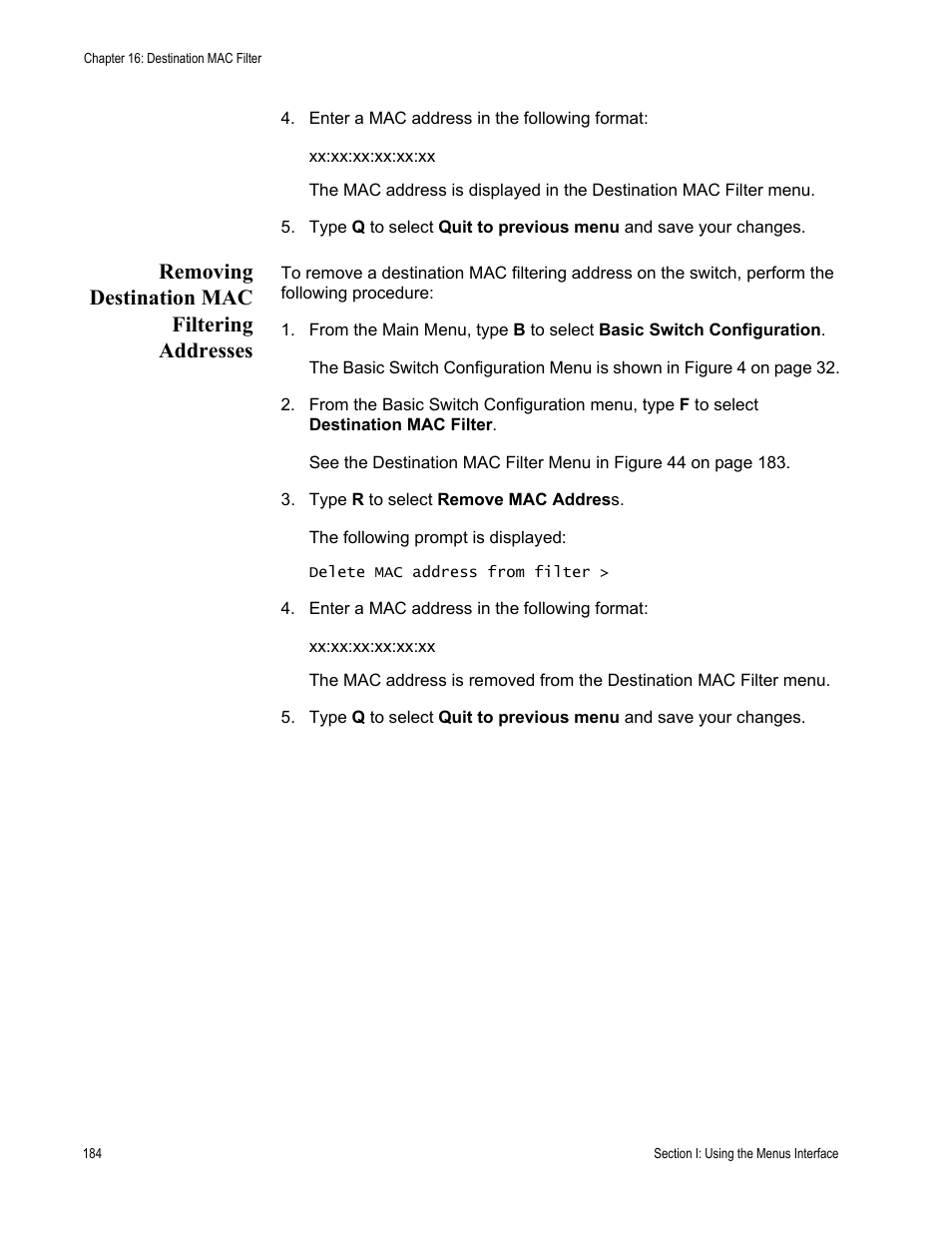 Removing destination mac filtering addresses | Allied Telesis AT-S80 User Manual | Page 184 / 346