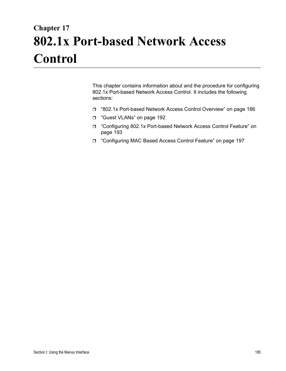 Chapter 17, 1x port-based network access control | Allied Telesis AT-S80 User Manual | Page 185 / 346