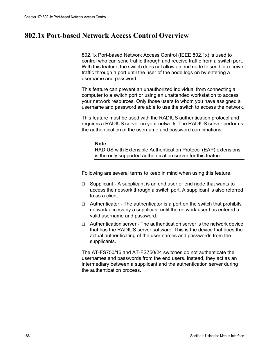 1x port-based network access control overview | Allied Telesis AT-S80 User Manual | Page 186 / 346