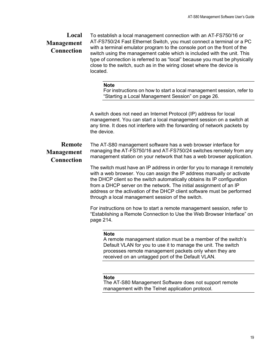 Local management connection, Remote management connection | Allied Telesis AT-S80 User Manual | Page 19 / 346