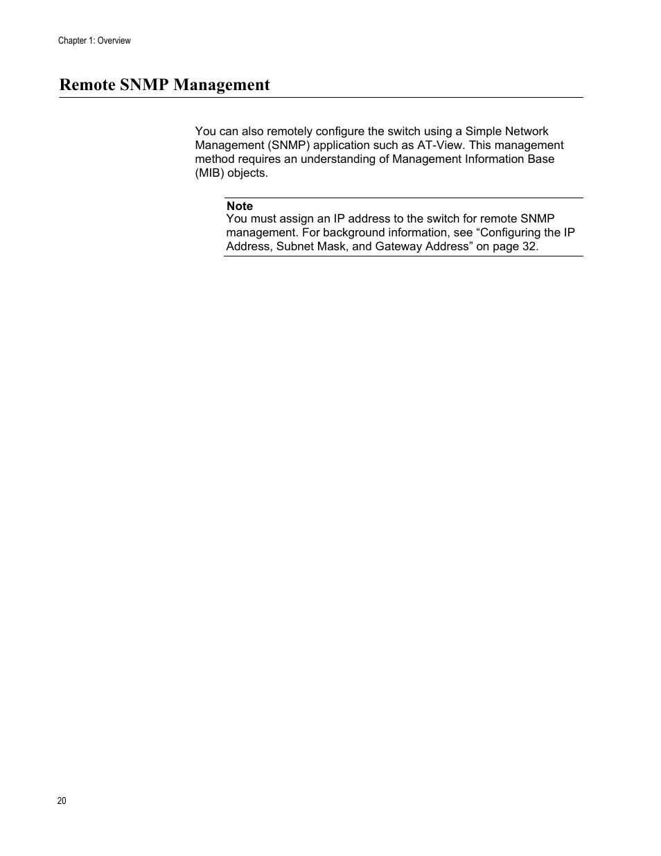 Remote snmp management | Allied Telesis AT-S80 User Manual | Page 20 / 346