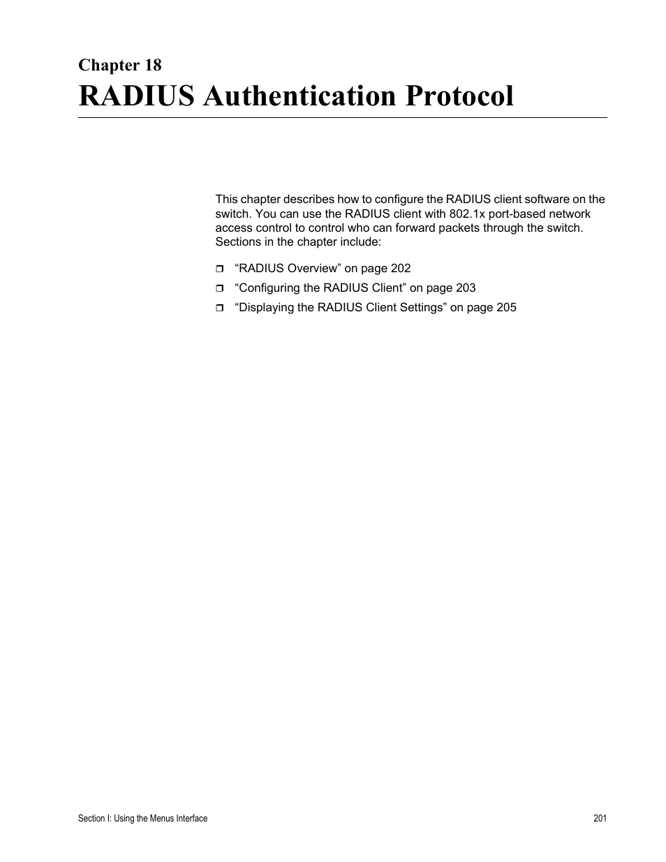 Chapter 18, Radius authentication protocol, Chapter 18: radius authentication protocol | Allied Telesis AT-S80 User Manual | Page 201 / 346