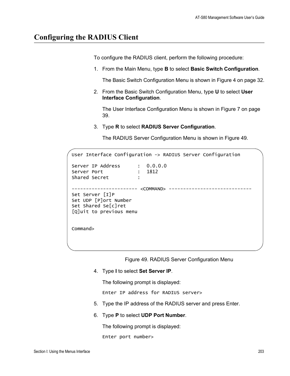 Configuring the radius client, Figure 49. radius server configuration menu | Allied Telesis AT-S80 User Manual | Page 203 / 346