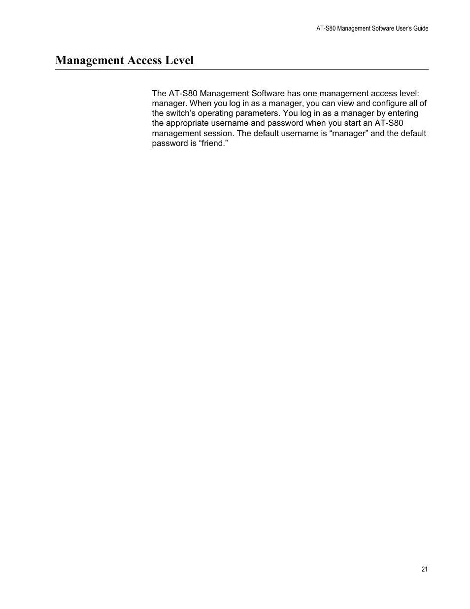 Management access level | Allied Telesis AT-S80 User Manual | Page 21 / 346