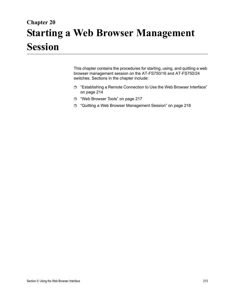 Chapter 20, Starting a web browser management session | Allied Telesis AT-S80 User Manual | Page 213 / 346