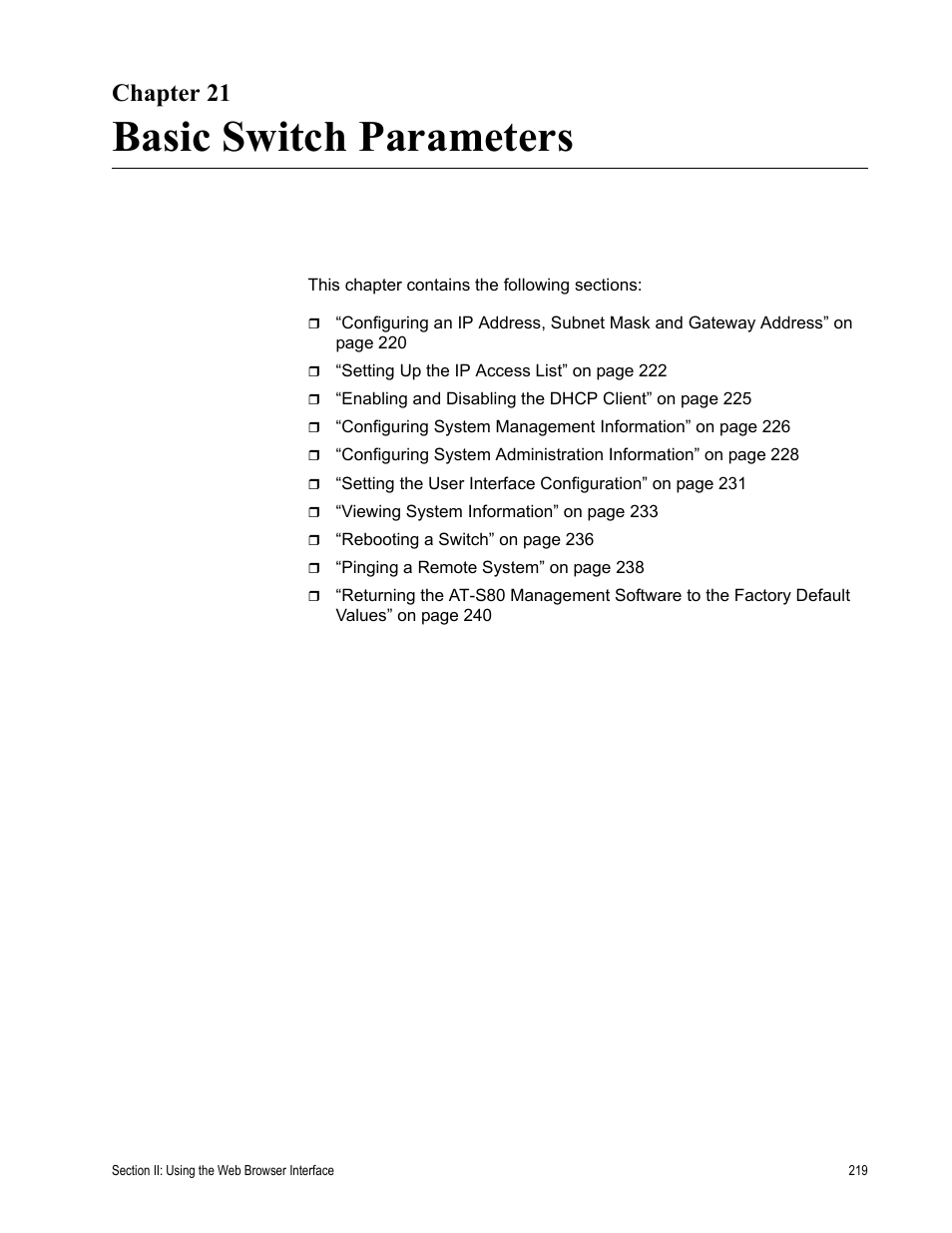 Chapter 21, Basic switch parameters | Allied Telesis AT-S80 User Manual | Page 219 / 346