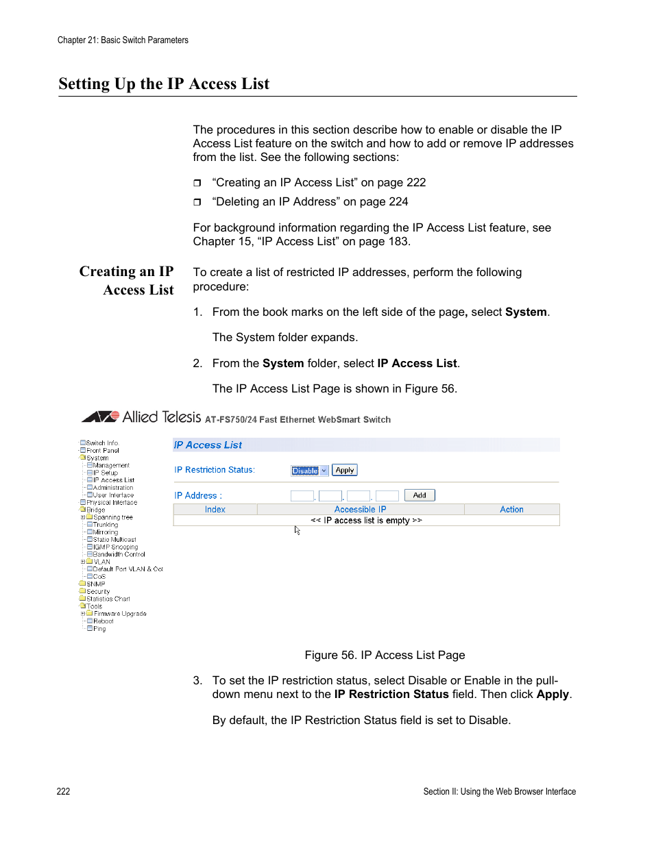 Setting up the ip access list, Creating an ip access list | Allied Telesis AT-S80 User Manual | Page 222 / 346