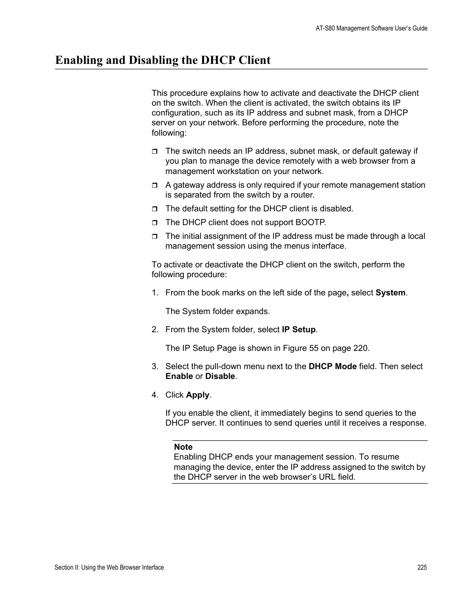 Enabling and disabling the dhcp client | Allied Telesis AT-S80 User Manual | Page 225 / 346