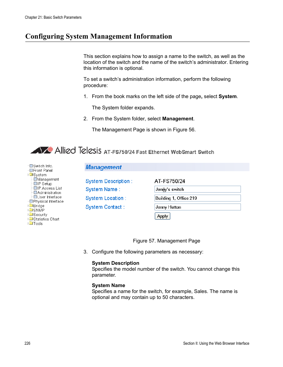 Configuring system management information | Allied Telesis AT-S80 User Manual | Page 226 / 346