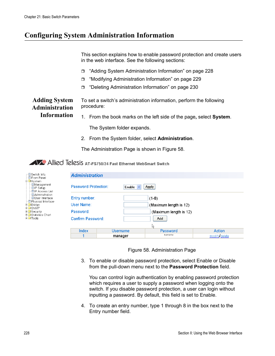 Configuring system administration information, Adding system administration information | Allied Telesis AT-S80 User Manual | Page 228 / 346