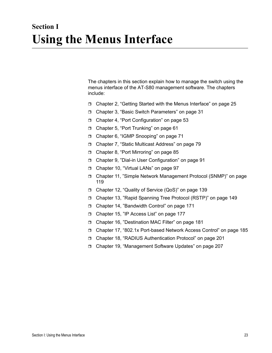 Section i, Using the menus interface | Allied Telesis AT-S80 User Manual | Page 23 / 346