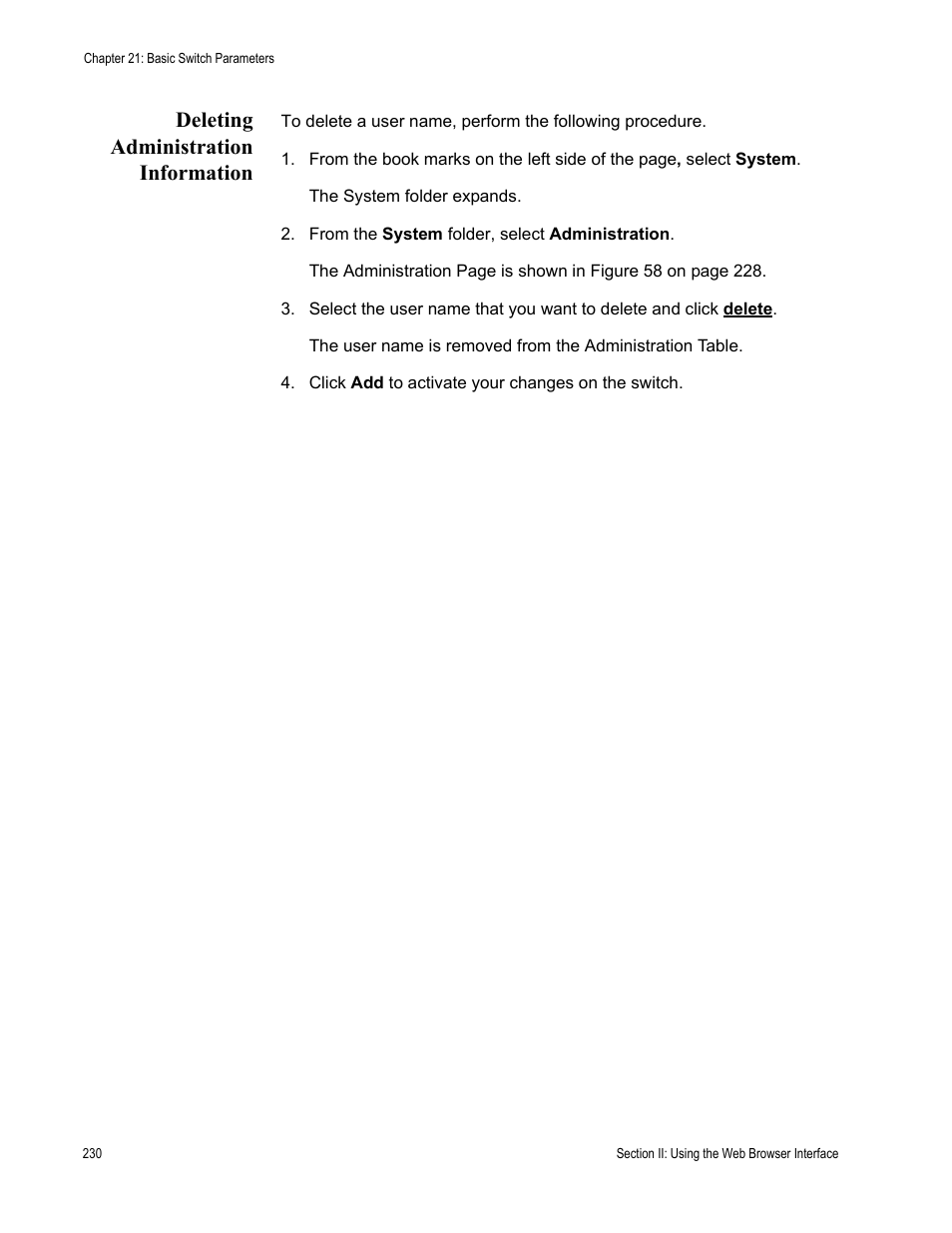 Deleting administration information | Allied Telesis AT-S80 User Manual | Page 230 / 346