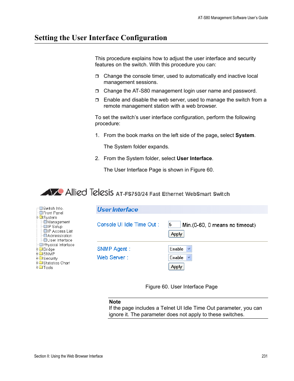 Setting the user interface configuration | Allied Telesis AT-S80 User Manual | Page 231 / 346