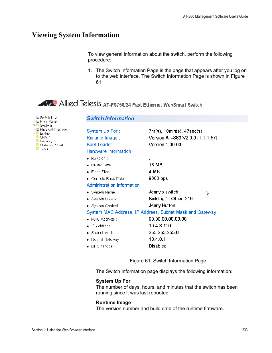 Viewing system information | Allied Telesis AT-S80 User Manual | Page 233 / 346