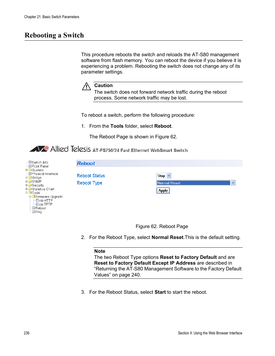 Rebooting a switch | Allied Telesis AT-S80 User Manual | Page 236 / 346