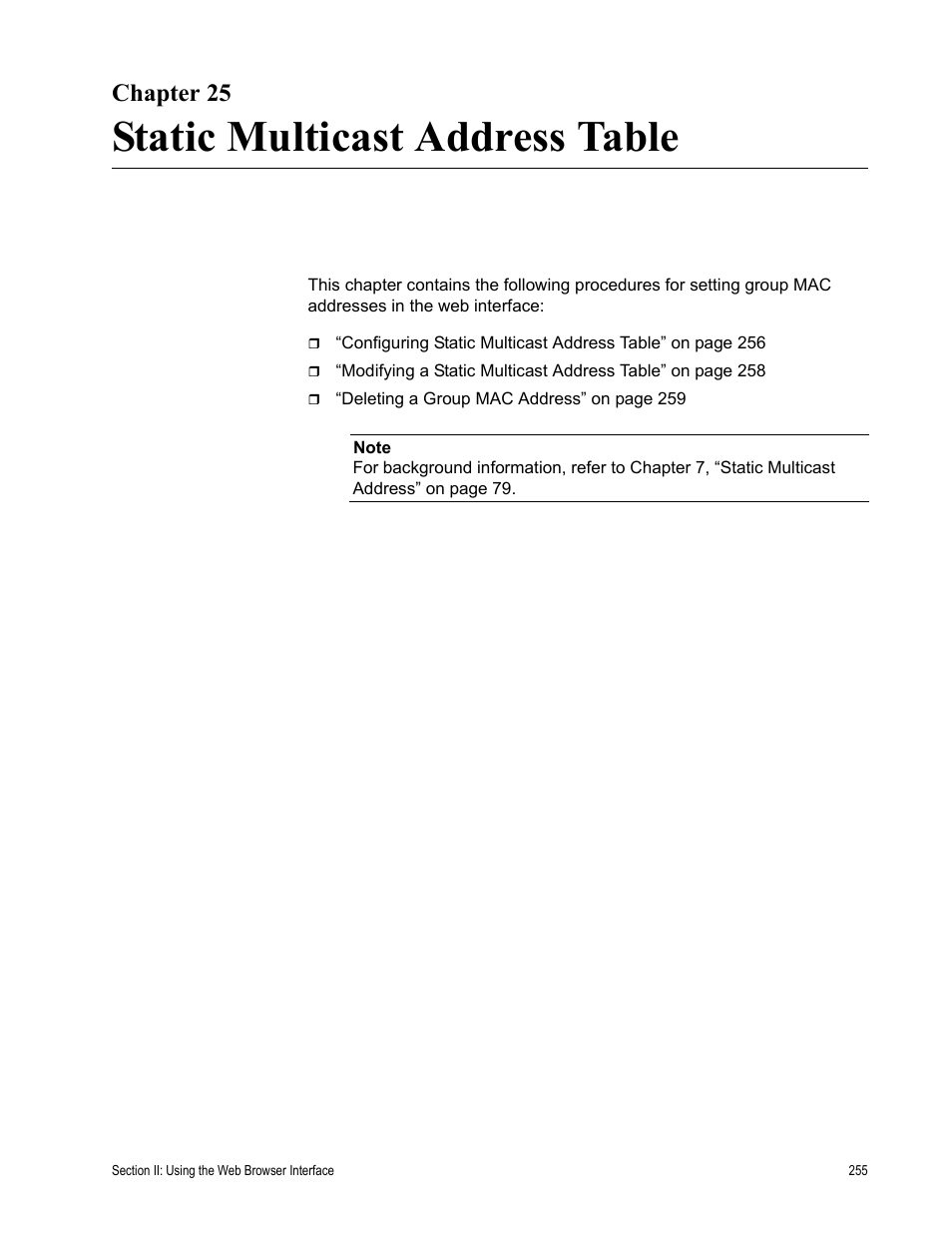 Chapter 25, Static multicast address table | Allied Telesis AT-S80 User Manual | Page 255 / 346