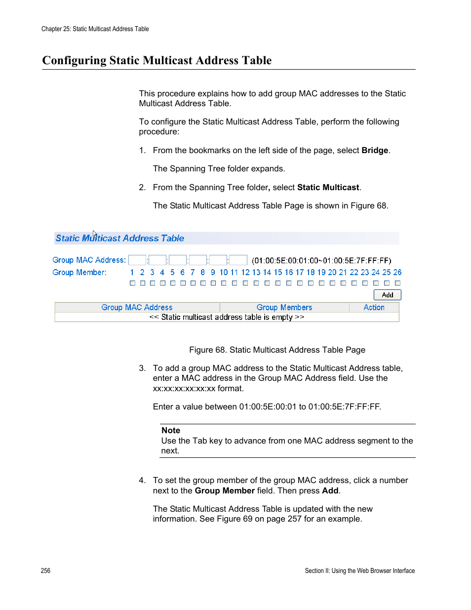 Configuring static multicast address table | Allied Telesis AT-S80 User Manual | Page 256 / 346