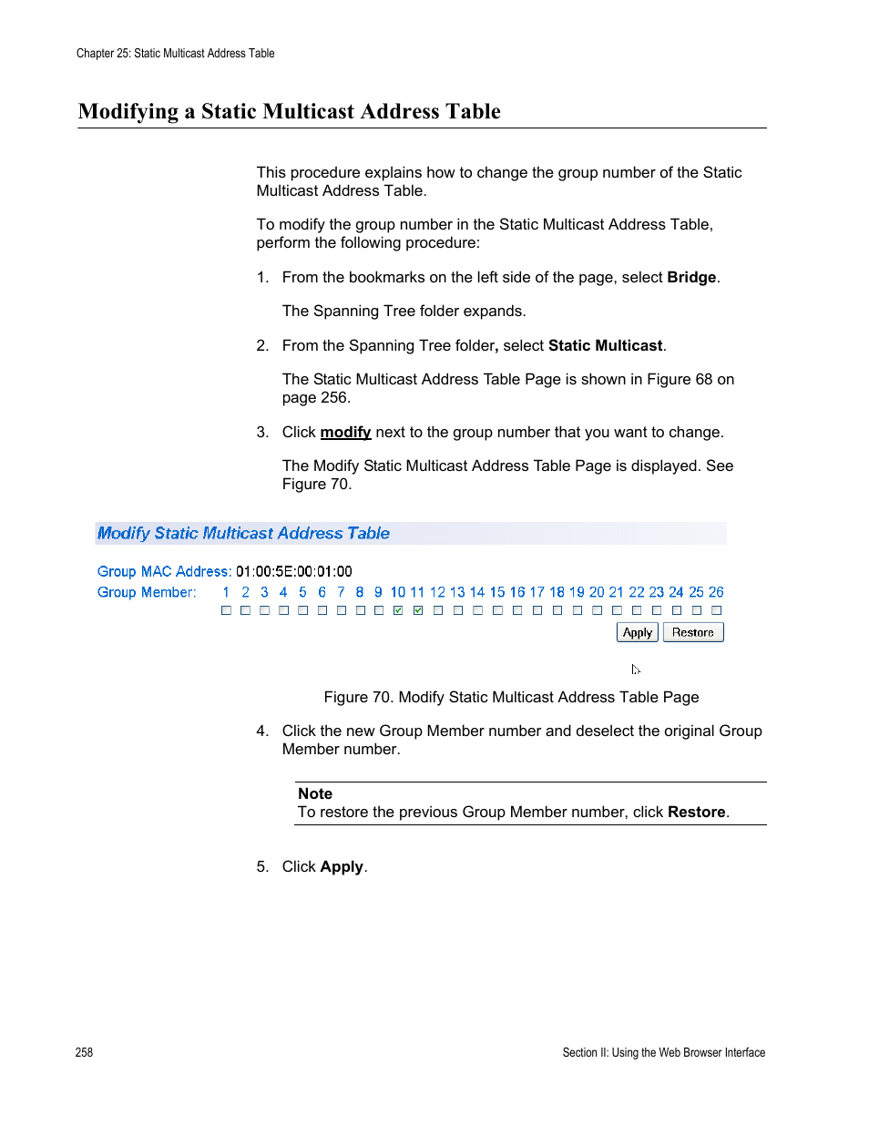 Modifying a static multicast address table | Allied Telesis AT-S80 User Manual | Page 258 / 346