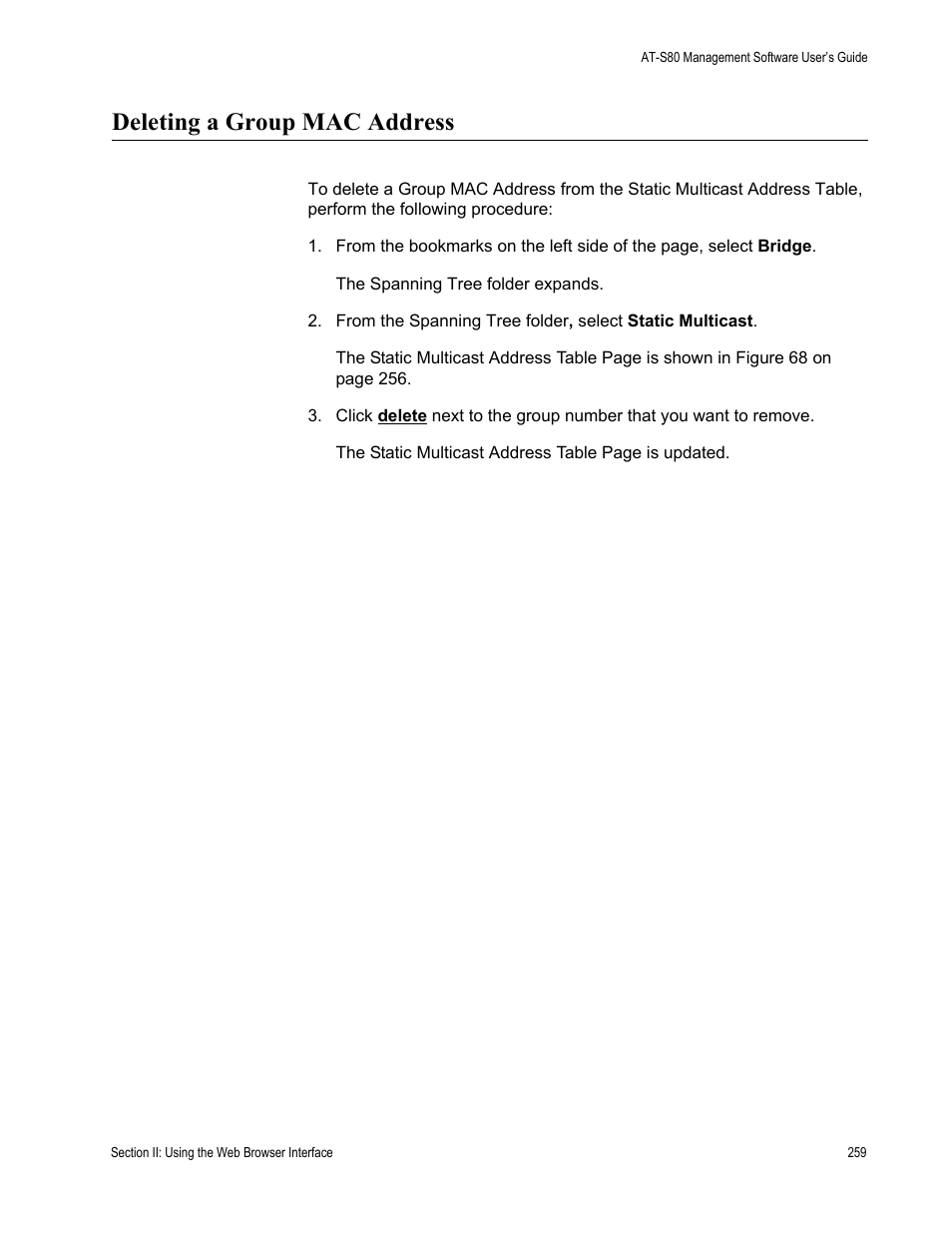 Deleting a group mac address | Allied Telesis AT-S80 User Manual | Page 259 / 346