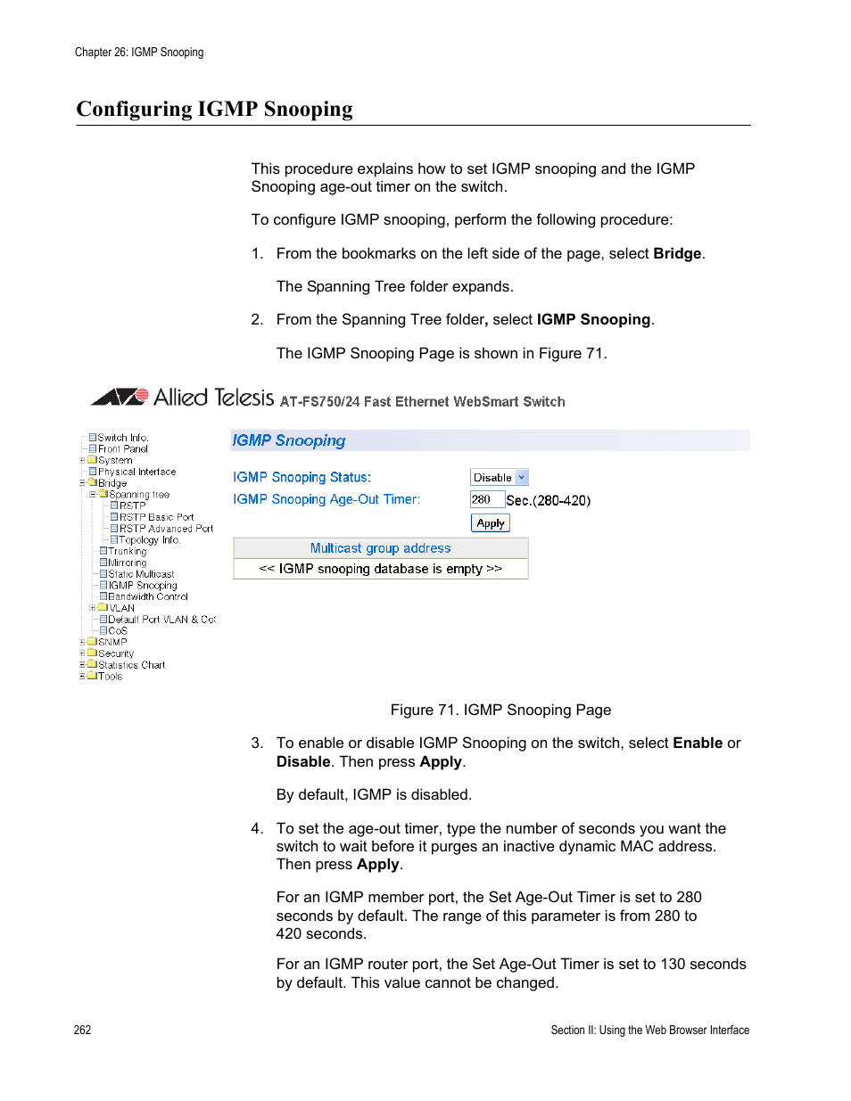 Configuring igmp snooping | Allied Telesis AT-S80 User Manual | Page 262 / 346