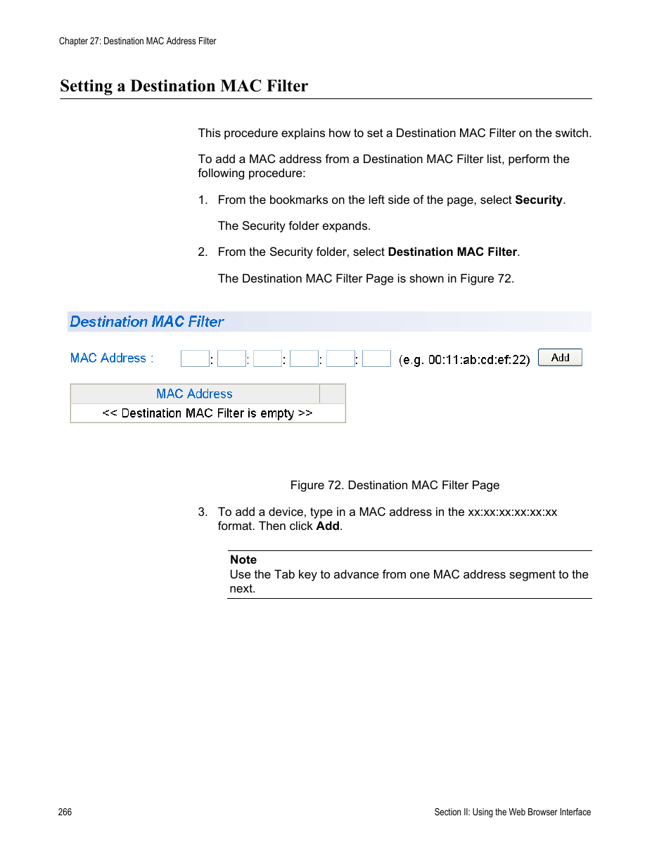 Setting a destination mac filter | Allied Telesis AT-S80 User Manual | Page 266 / 346