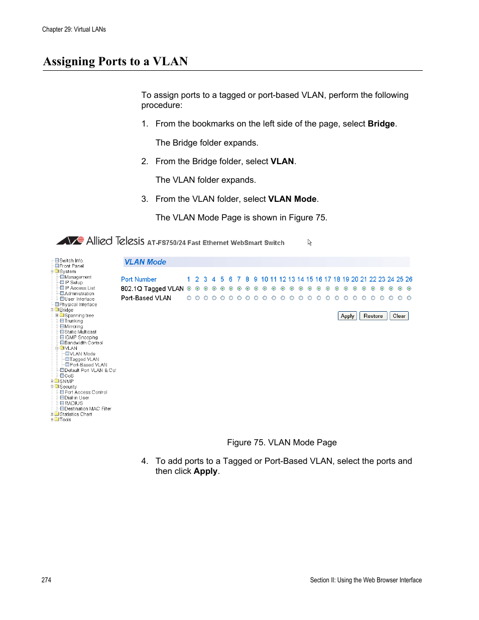 Assigning ports to a vlan | Allied Telesis AT-S80 User Manual | Page 274 / 346